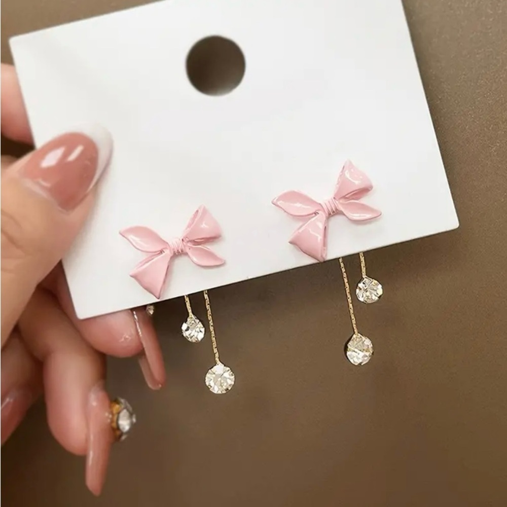 NEW Pink Coquette Bow Earrings, dangle earrings, pink bow jewelry, boho vintage